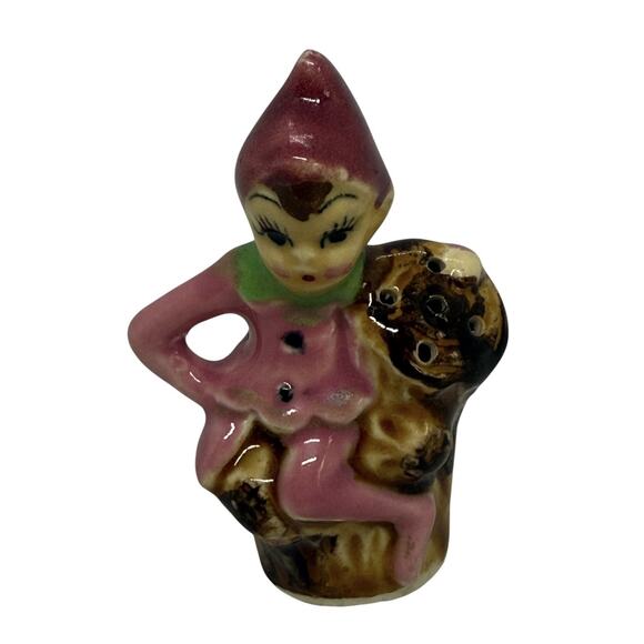 Vintage Pink Pixie Elf Salt Shaker Japan On Brown Tree Trunk Ceramic 1950’s - Picture 11 of 11